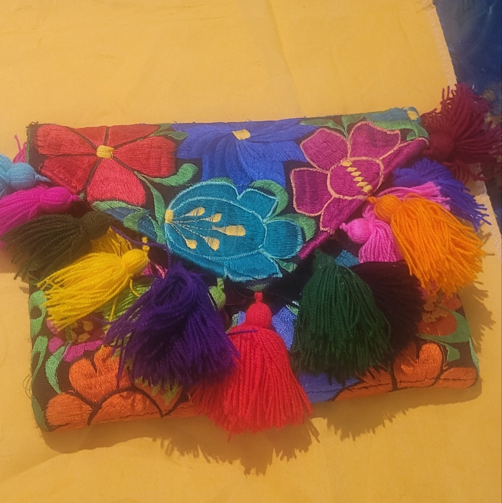 Colorful Embroidered Clutch with Tassels